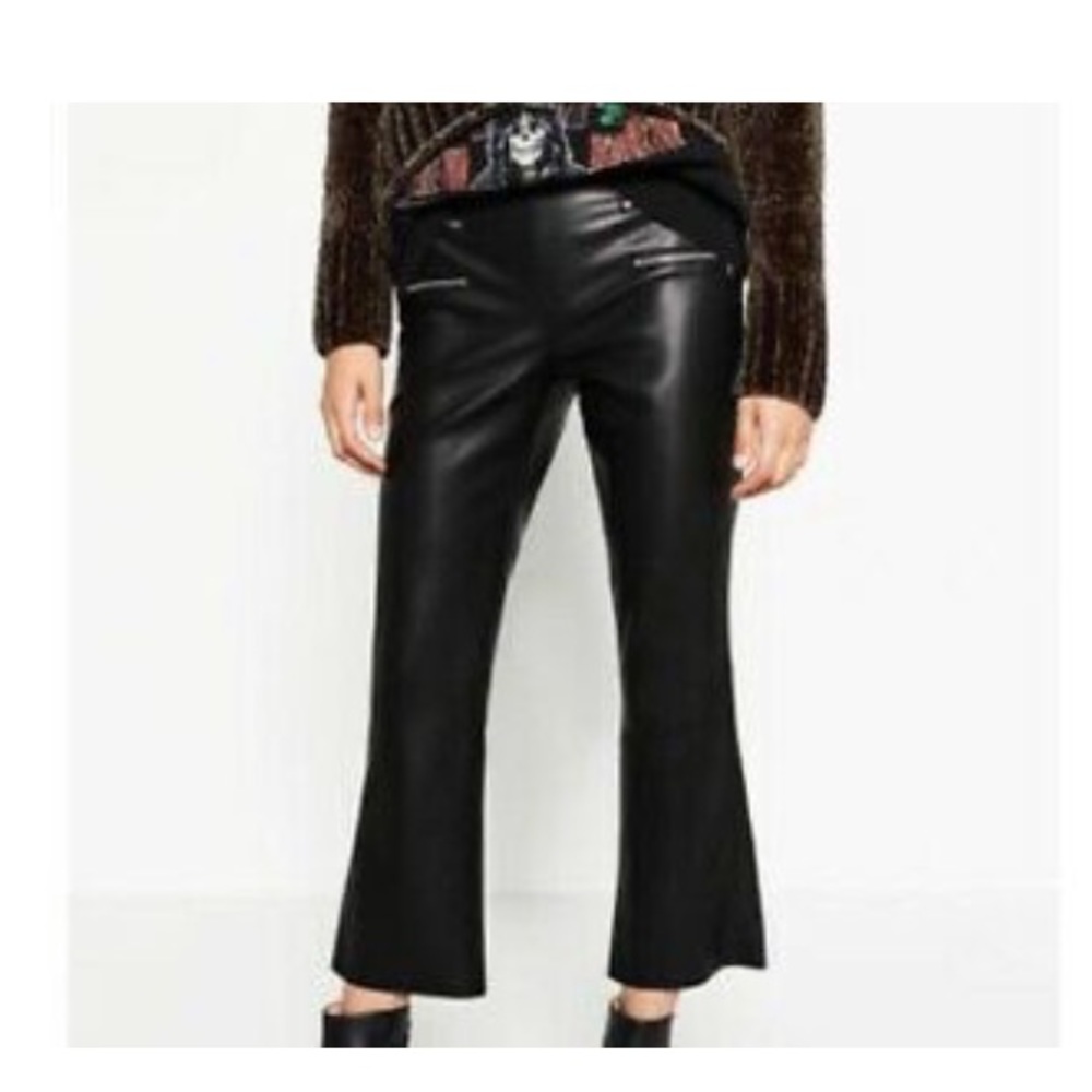 Zara Faux Black Leather Moto Pants Flare Mid Rise